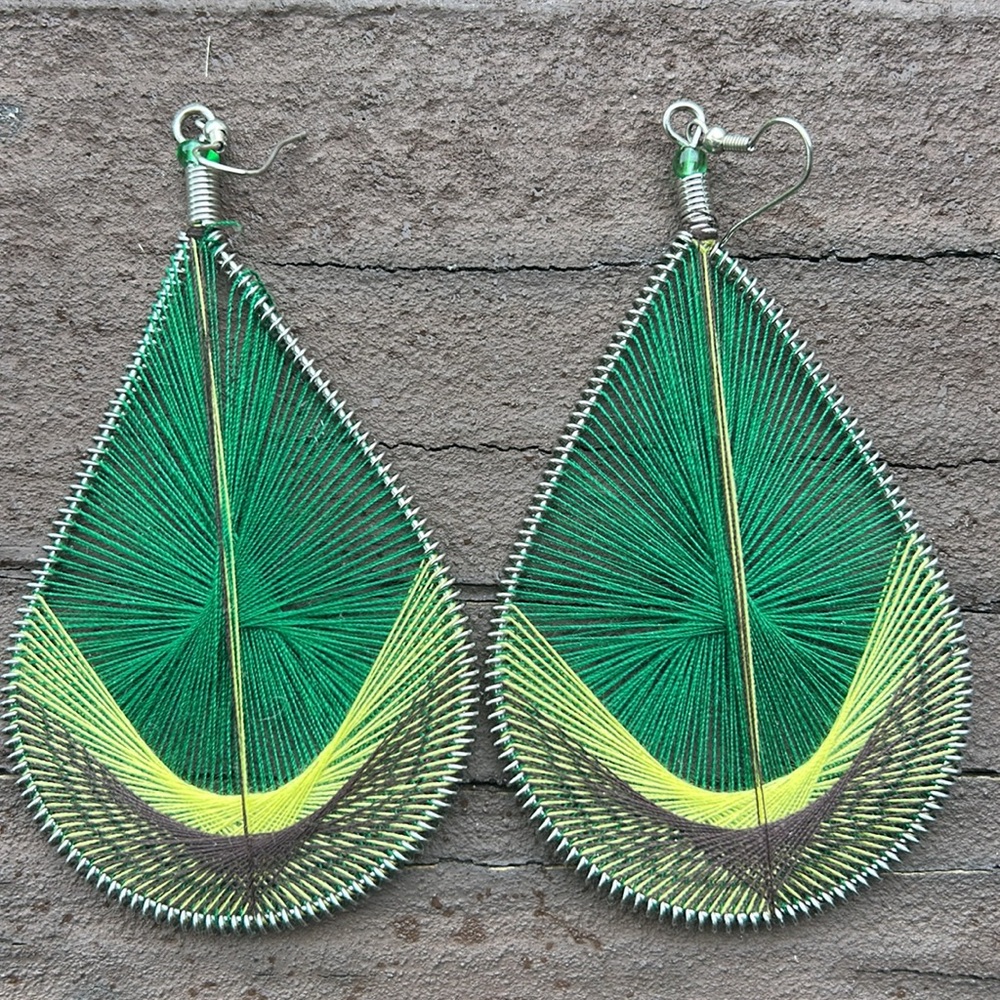 Large Beautiful Unique Green Yellow Earrings - Picture 3 of 7